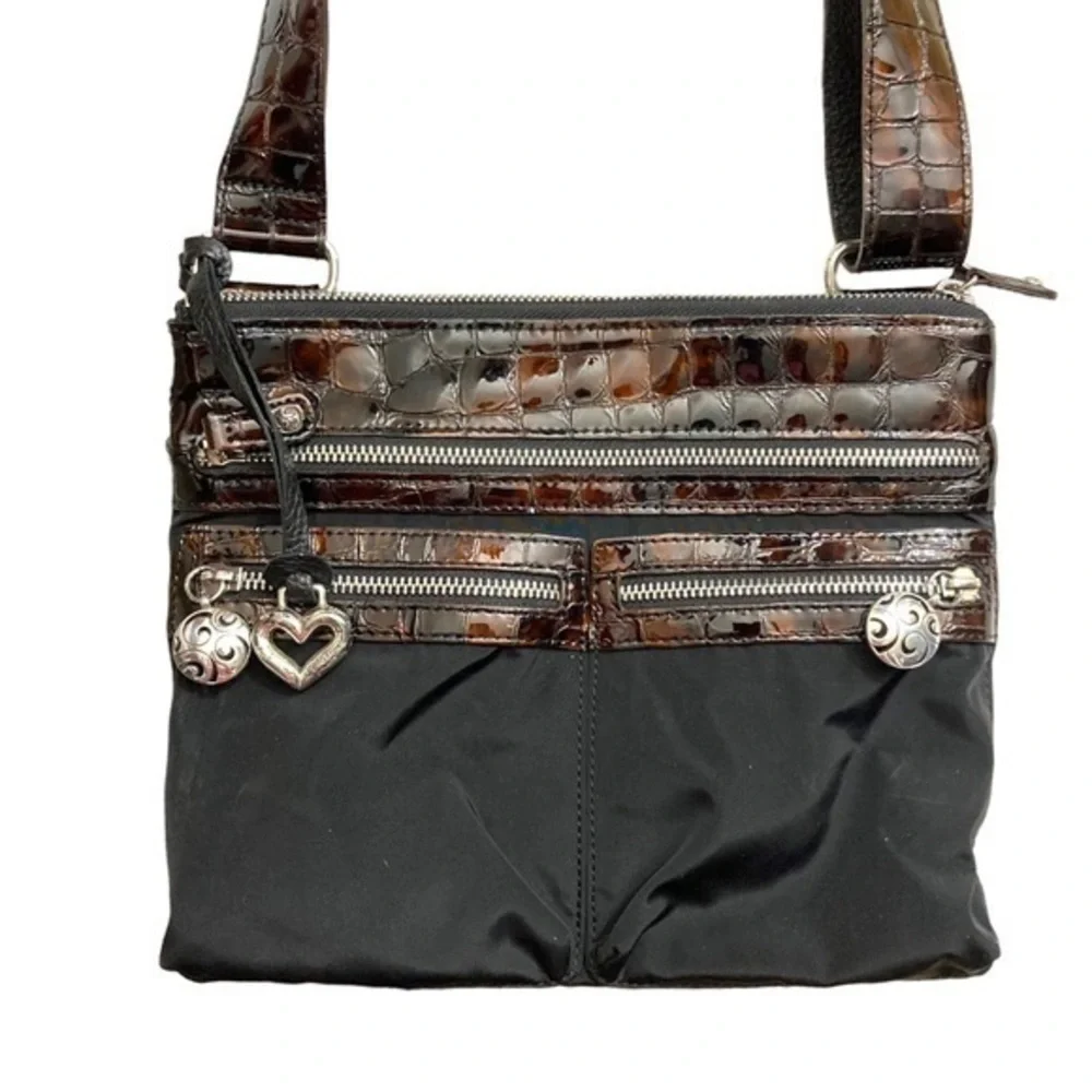 Brighton black nylon with brown embossed patent leather messenger bag